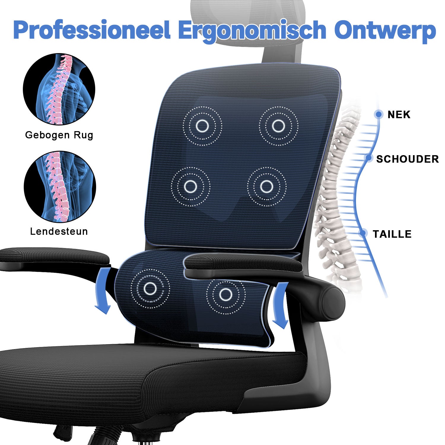 Bureaustoel Ergonomische, Bureaustoel met Verstelbare Lendesteun, Hoofdsteun en Armsteun, Tot 150kg