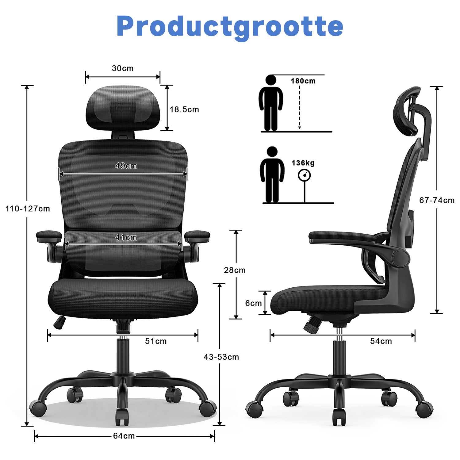 Bureaustoel Ergonomische, Bureaustoel met Verstelbare Lendesteun, Hoofdsteun en Armsteun, Tot 150kg