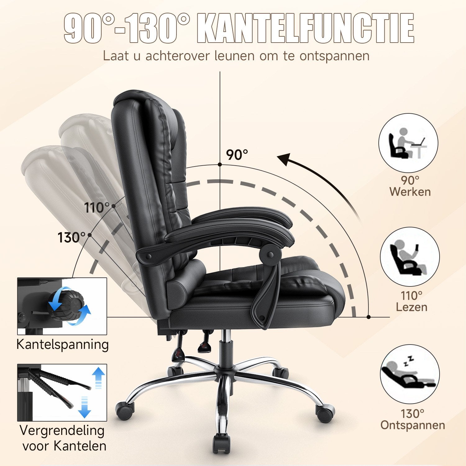 Ergonomische Executive bureaustoel PU leer hoge rug computer bureaustoel met verstelbare kantelfunctie voor thuiskantoor werken