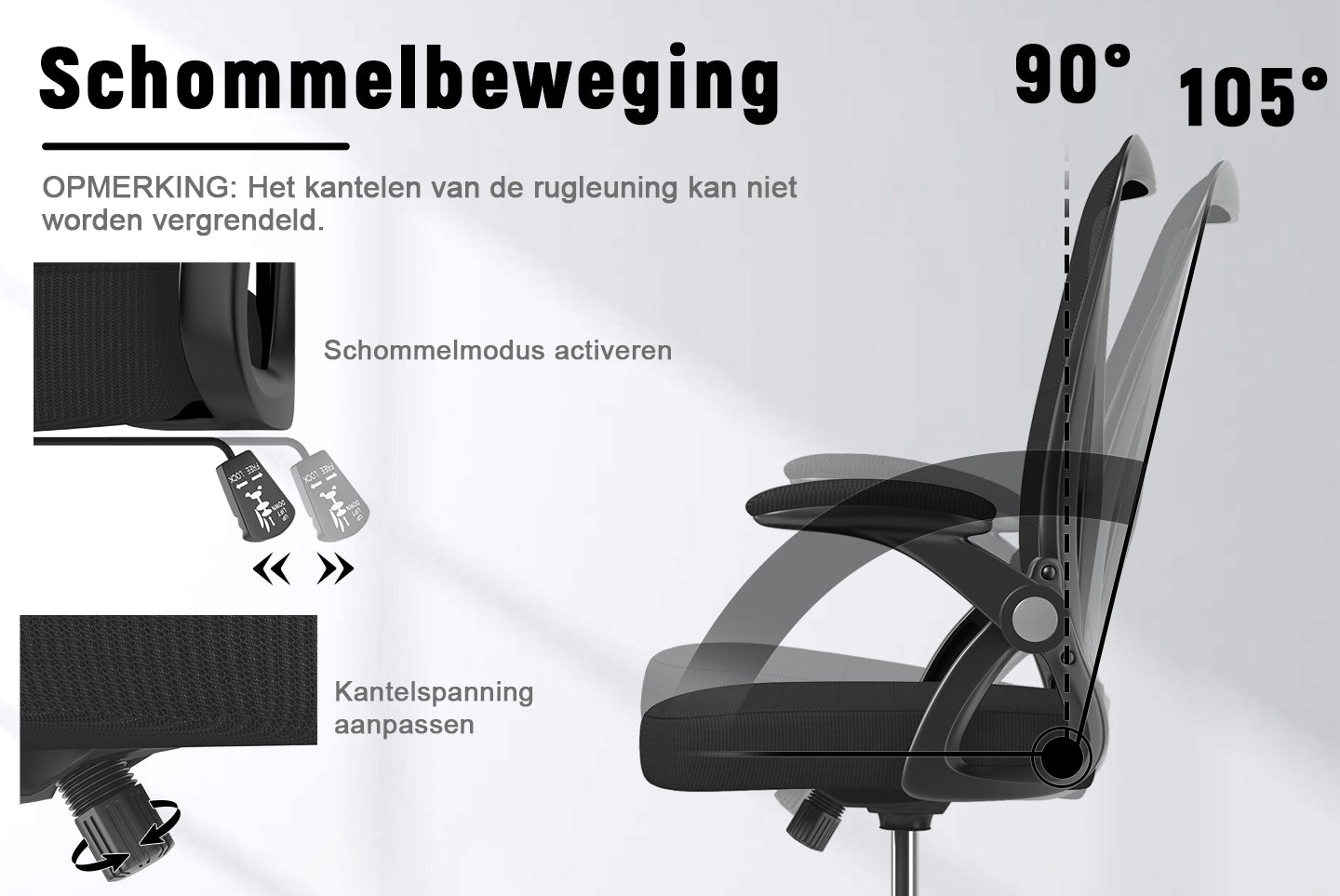 Bureau Stoel Ergonomische Bureaustoel met 90° Opklapbare Armleuning, in Hoogte Verstelbare Bureaustoel