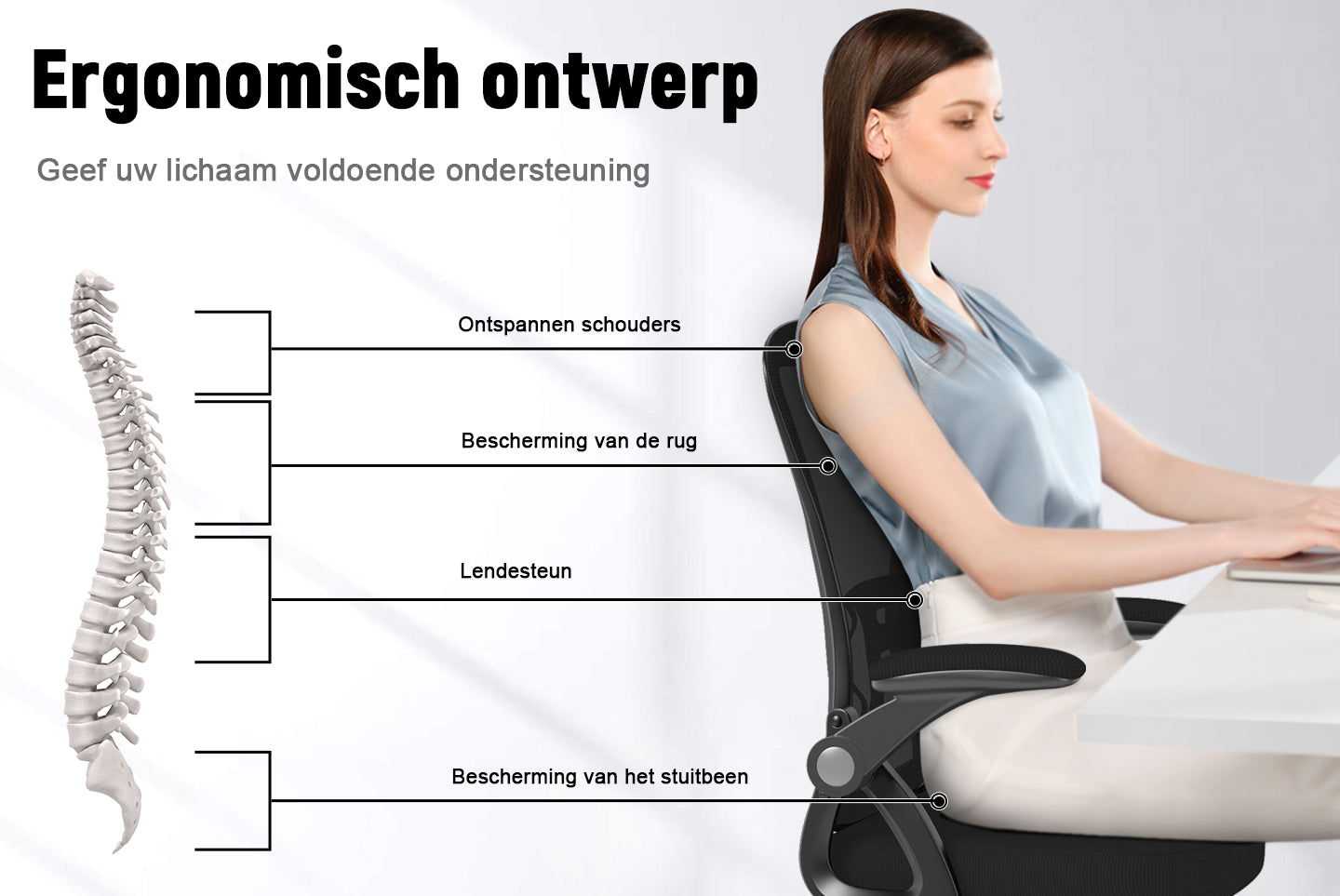Bureau Stoel Ergonomische Bureaustoel met 90° Opklapbare Armleuning, in Hoogte Verstelbare Bureaustoel