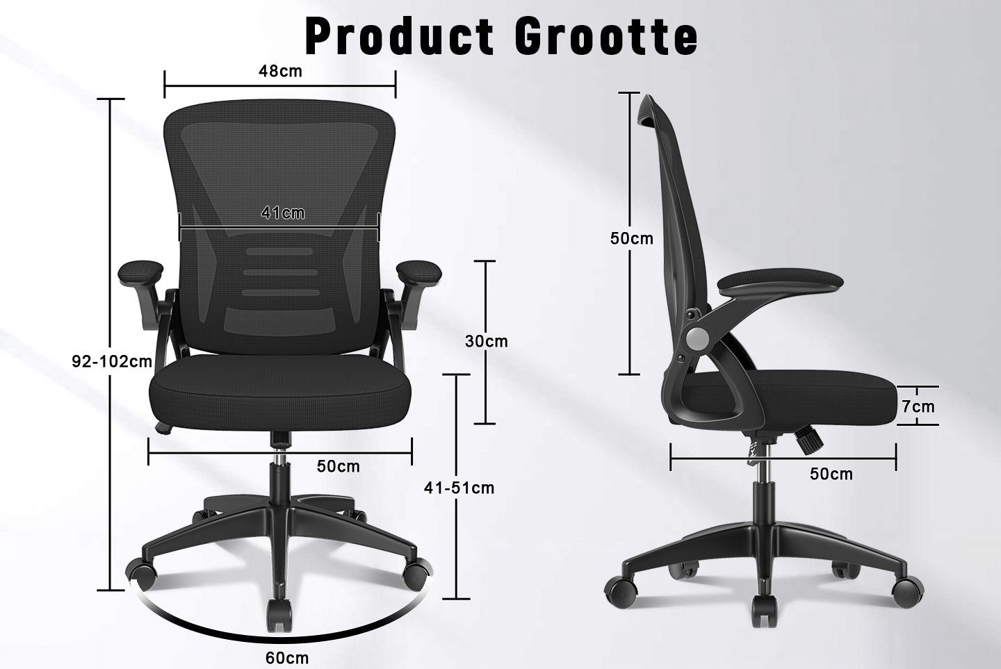 Bureau Stoel Ergonomische Bureaustoel met 90° Opklapbare Armleuning, in Hoogte Verstelbare Bureaustoel