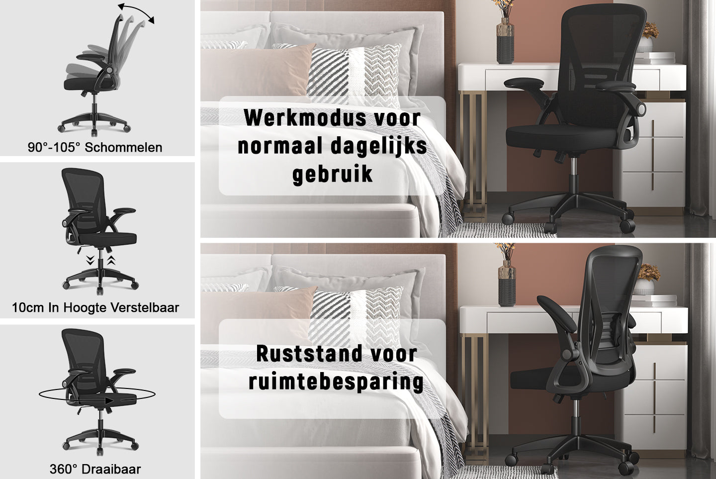 Bureau Stoel Ergonomische Bureaustoel met 90° Opklapbare Armleuning, in Hoogte Verstelbare Bureaustoel