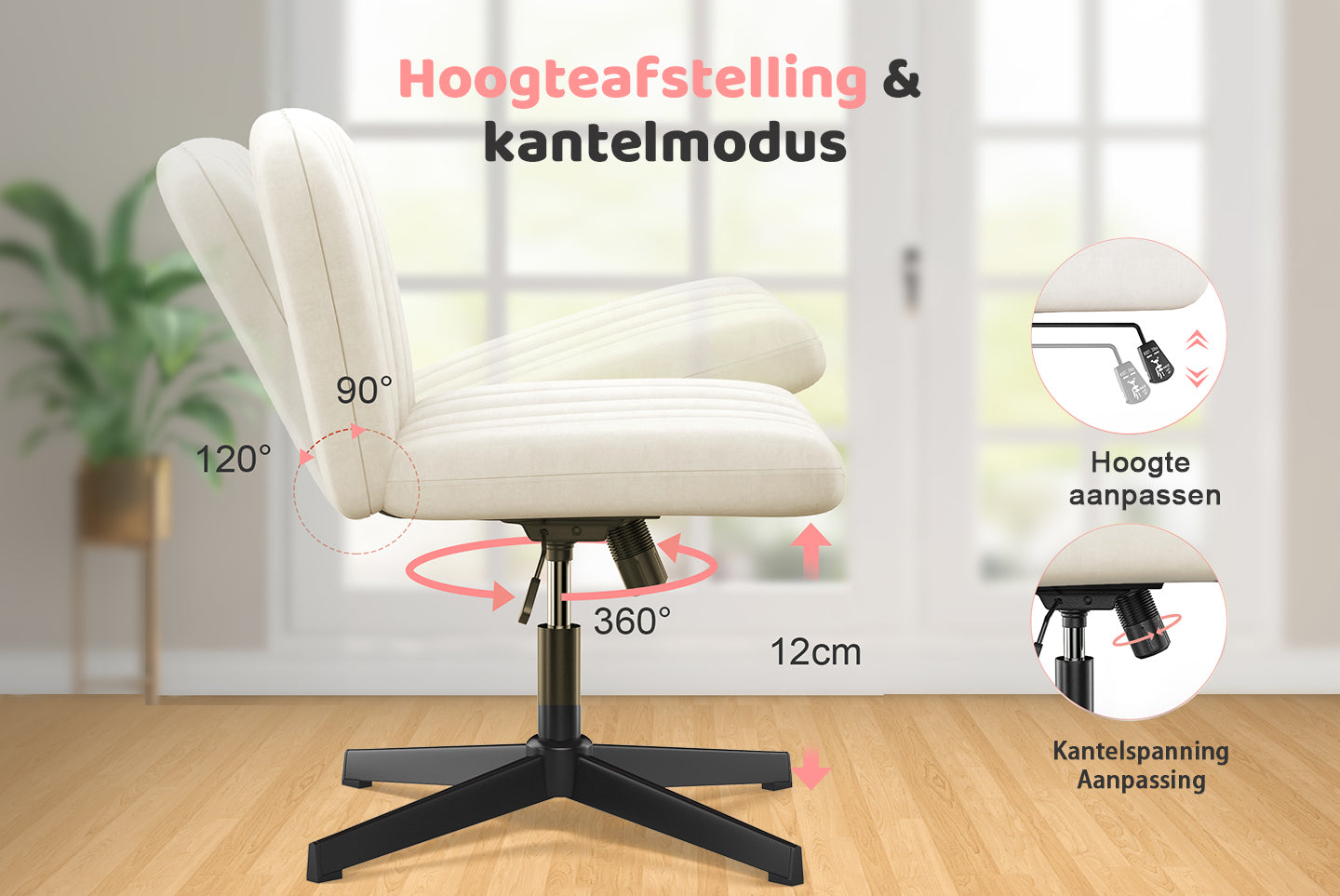 Ergonomische Bureaustoel met Gekruiste poten Armloze Brede Bureaustoel met Middenrugleuning Voor Thuiskantoor Slaapkamer