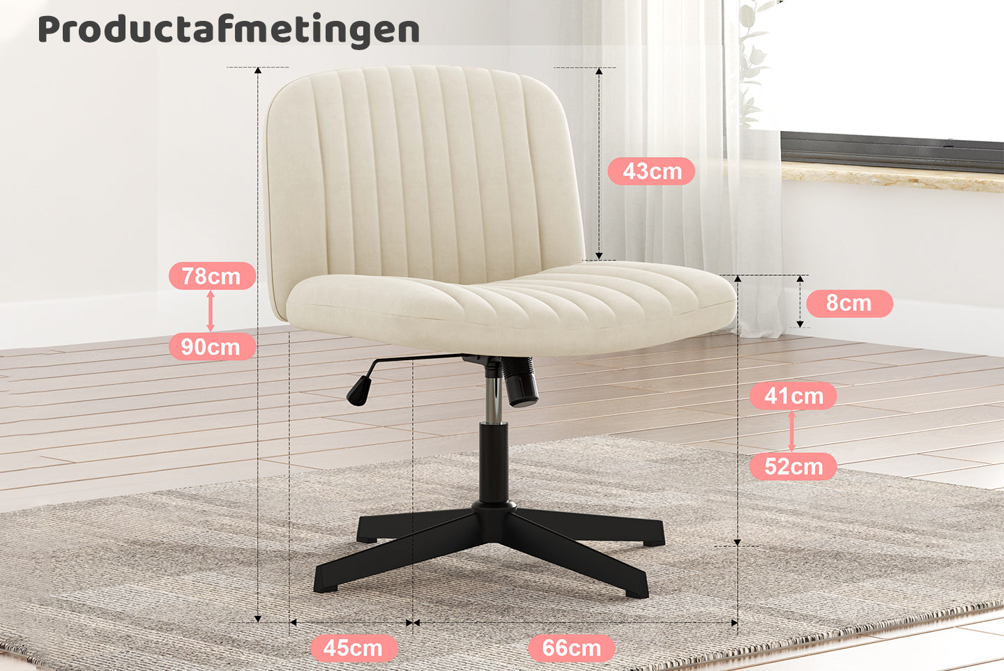 Ergonomische Bureaustoel met Gekruiste poten Armloze Brede Bureaustoel met Middenrugleuning Voor Thuiskantoor Slaapkamer