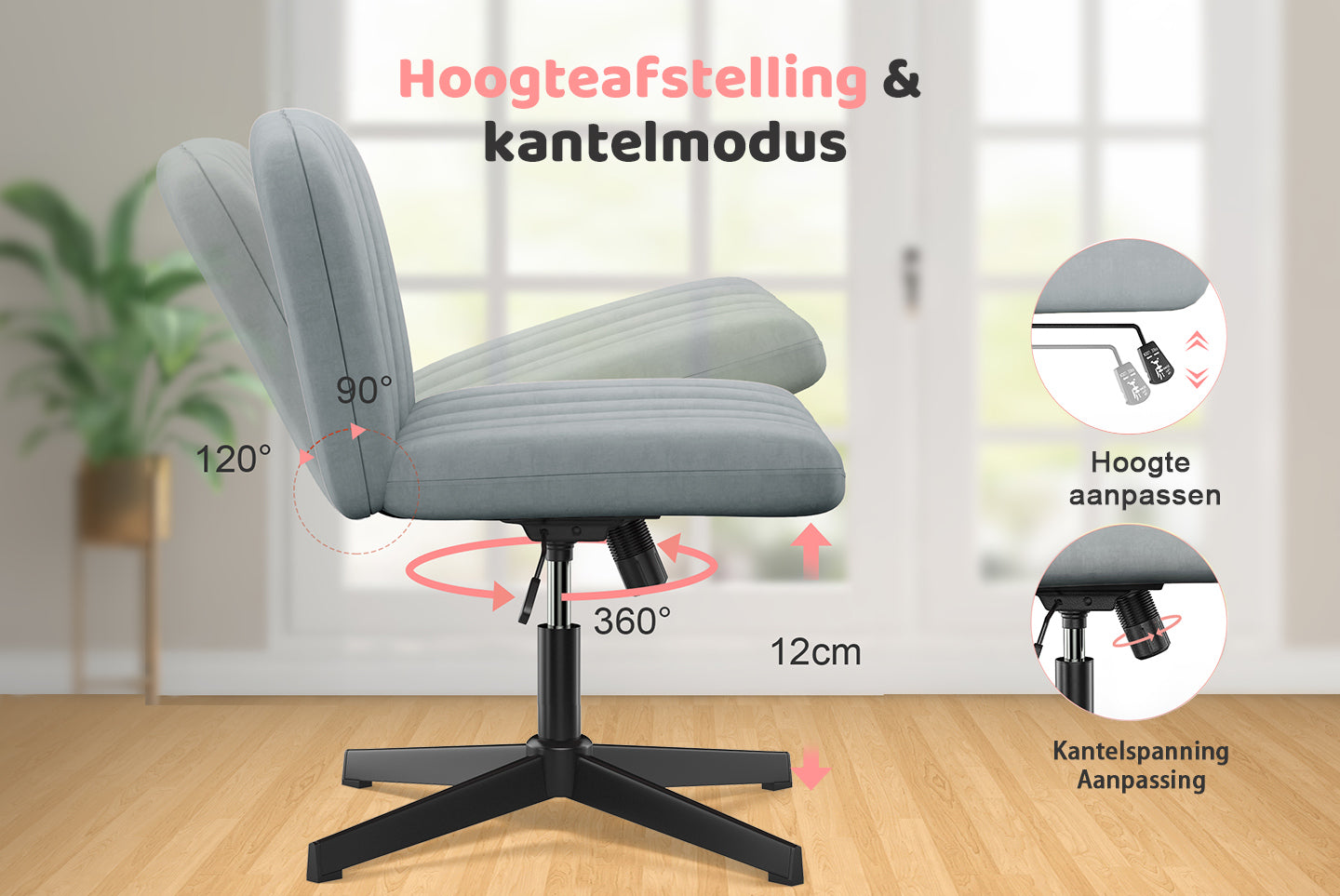 Ergonomische Bureaustoel met Gekruiste poten Armloze Brede Bureaustoel met Middenrugleuning Voor Thuiskantoor Slaapkamer