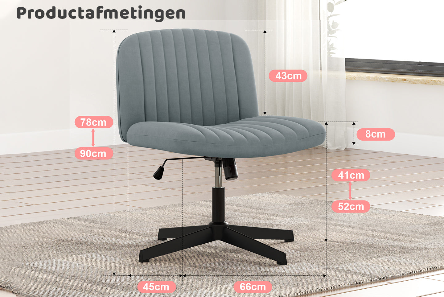 Ergonomische Bureaustoel met Gekruiste poten Armloze Brede Bureaustoel met Middenrugleuning Voor Thuiskantoor Slaapkamer