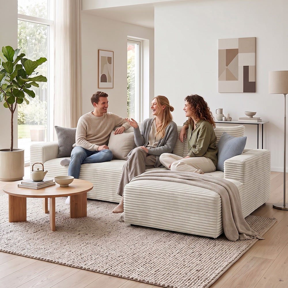 L-Vormige Modulaire Ribfluwelen Hoekbank met Chaise Longue, Zonder Montage