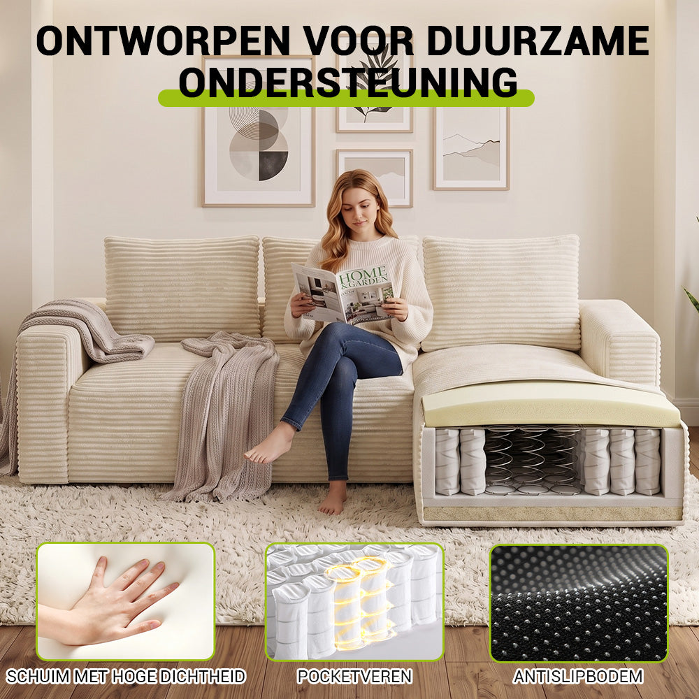 L-Vormige Modulaire Ribfluwelen Hoekbank met Chaise Longue, Zonder Montage