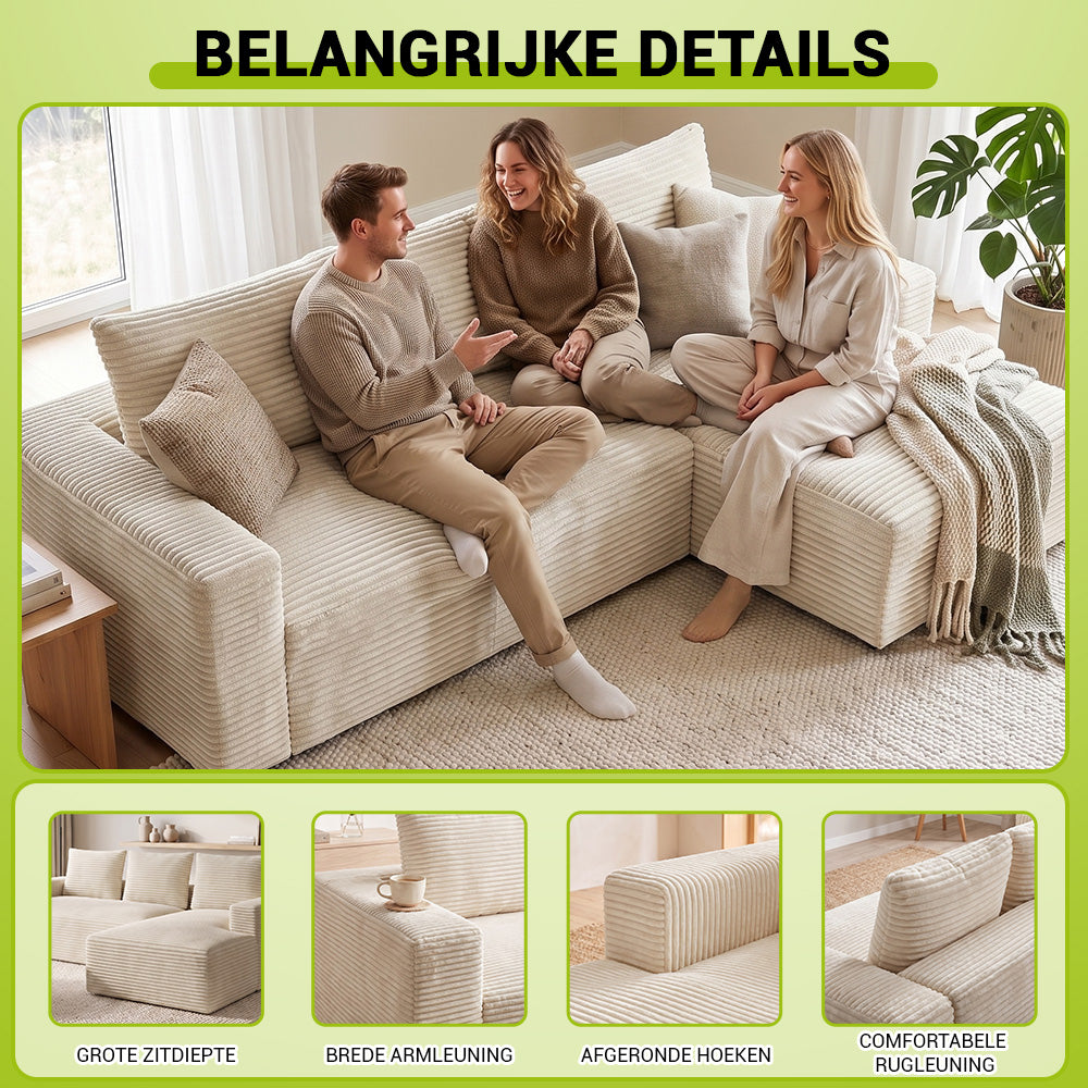 L-Vormige Modulaire Ribfluwelen Hoekbank met Chaise Longue, Zonder Montage