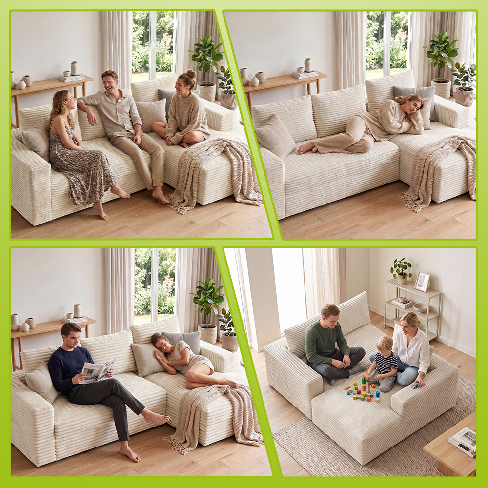 L-Vormige Modulaire Ribfluwelen Hoekbank met Chaise Longue, Zonder Montage