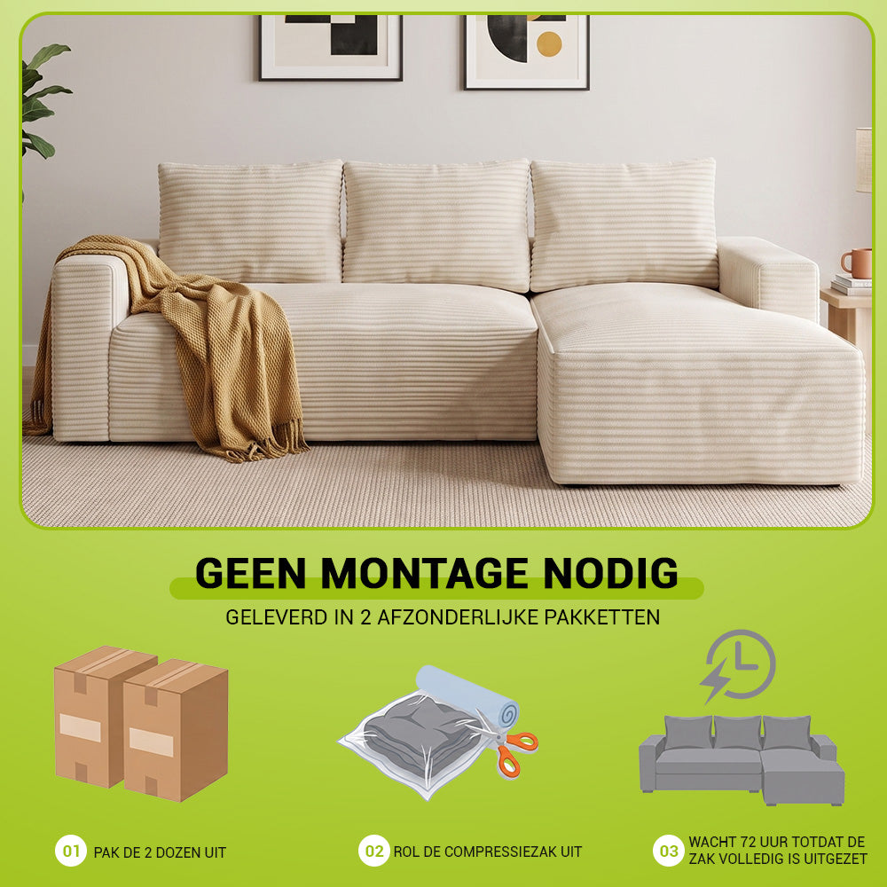 L-Vormige Modulaire Ribfluwelen Hoekbank met Chaise Longue, Zonder Montage