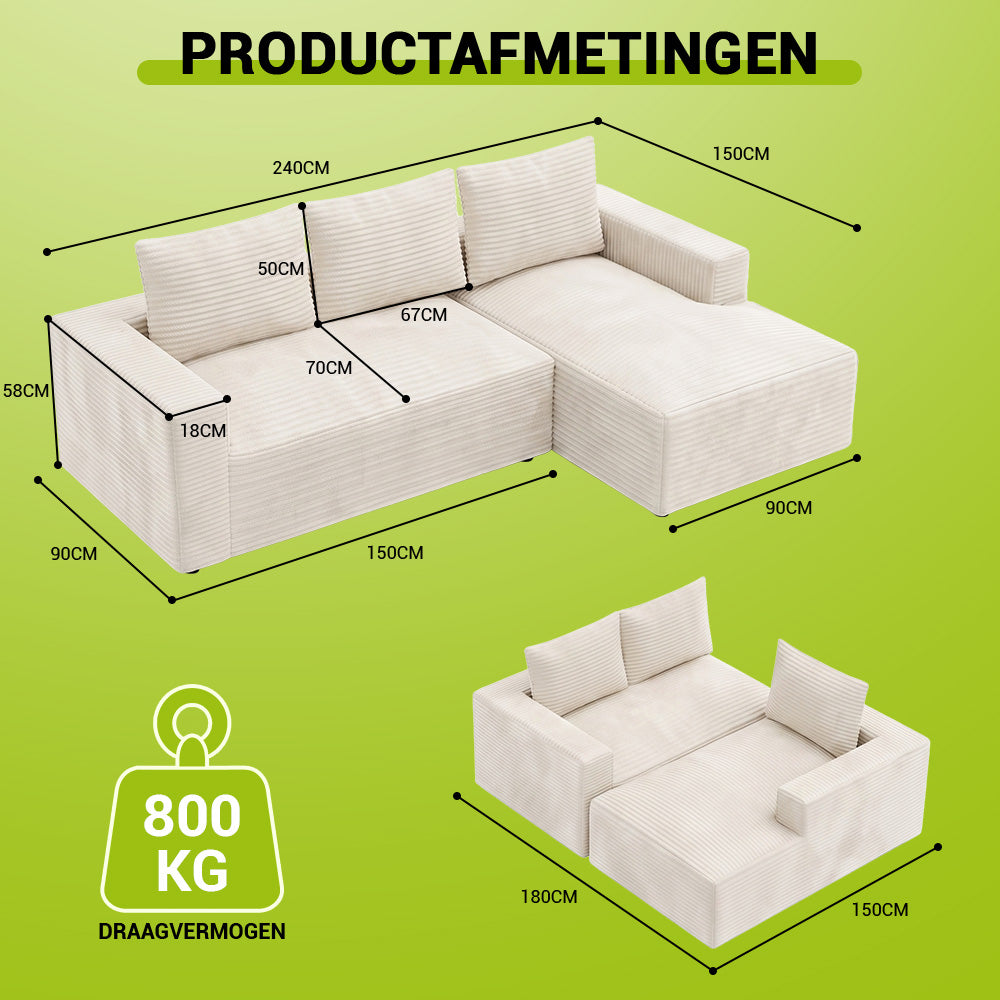 L-Vormige Modulaire Ribfluwelen Hoekbank met Chaise Longue, Zonder Montage