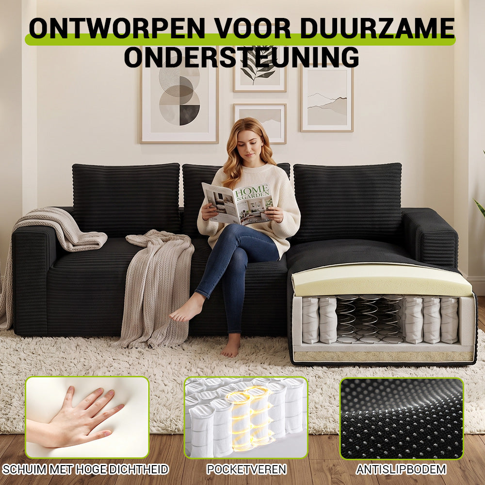L-Vormige Modulaire Ribfluwelen Hoekbank met Chaise Longue, Zonder Montage