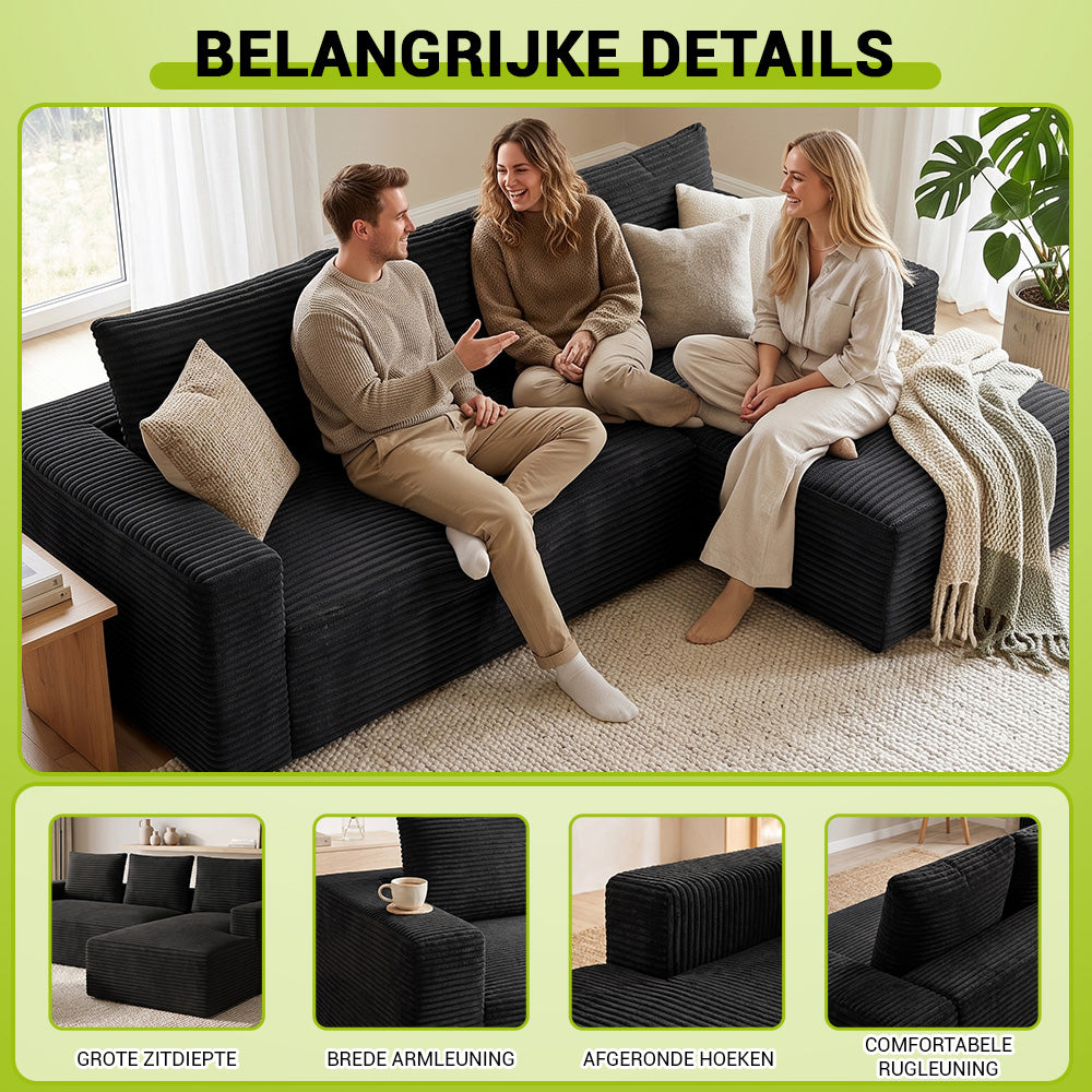 L-Vormige Modulaire Ribfluwelen Hoekbank met Chaise Longue, Zonder Montage