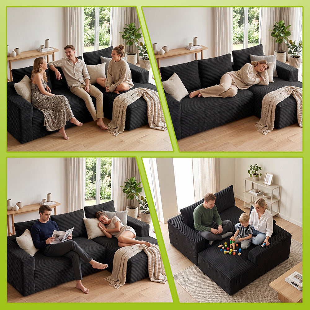 L-Vormige Modulaire Ribfluwelen Hoekbank met Chaise Longue, Zonder Montage