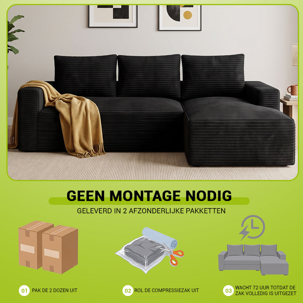 L-Vormige Modulaire Ribfluwelen Hoekbank met Chaise Longue, Zonder Montage