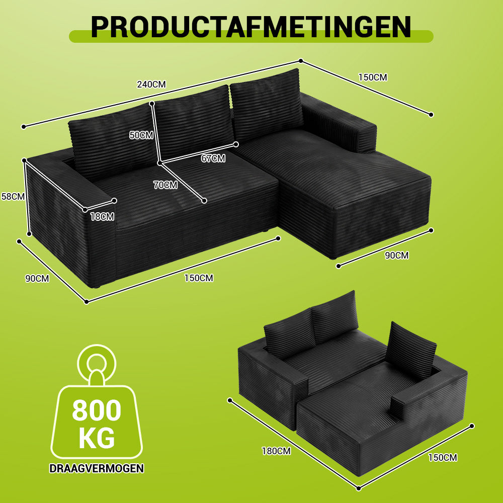 L-Vormige Modulaire Ribfluwelen Hoekbank met Chaise Longue, Zonder Montage