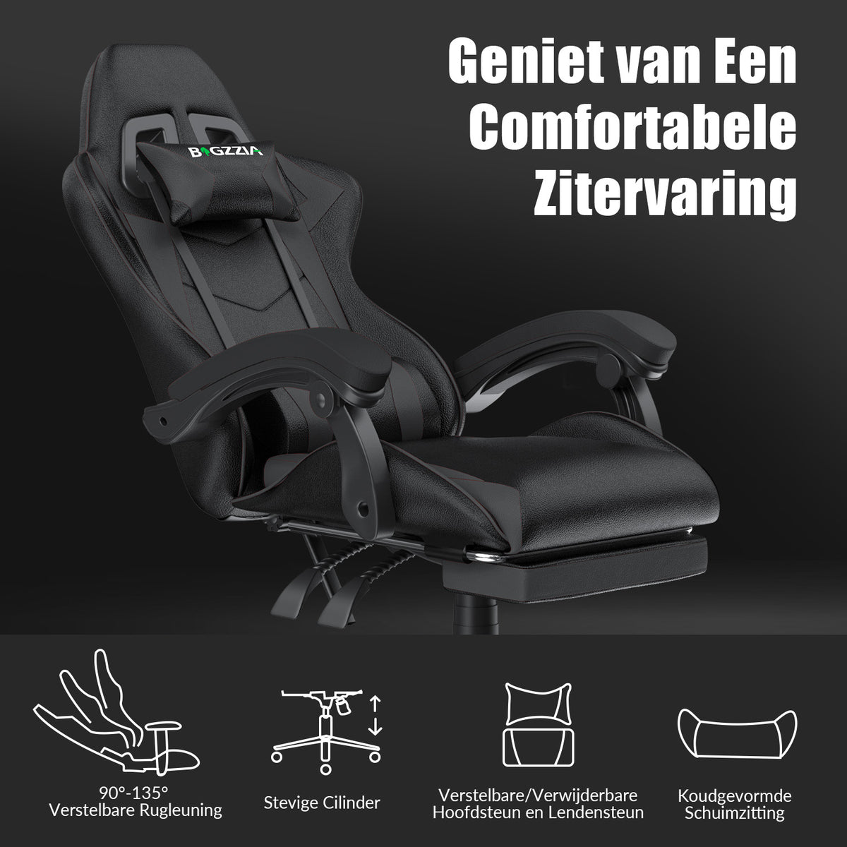 Ergonomische Gaming Stoel 135° Verstelbare Draaistoel met Hoofdsteun, Voetsteun en Lendensteun PU Lederen Bureaustoel