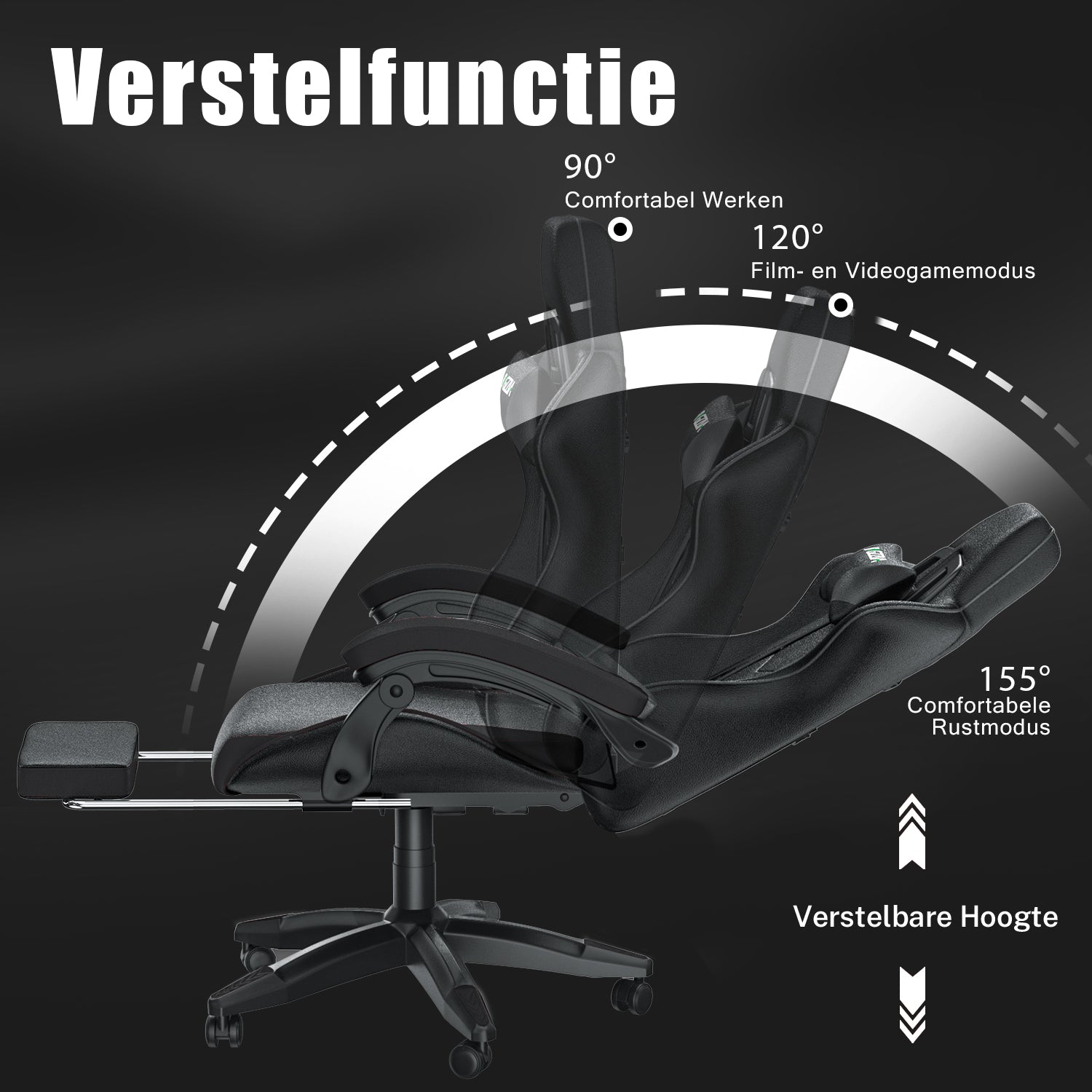 Ergonomische Gamestoel 155° Verstelbare Draaistoel met Hoofdsteun, Lendensteun PU Lederen Bureaustoel