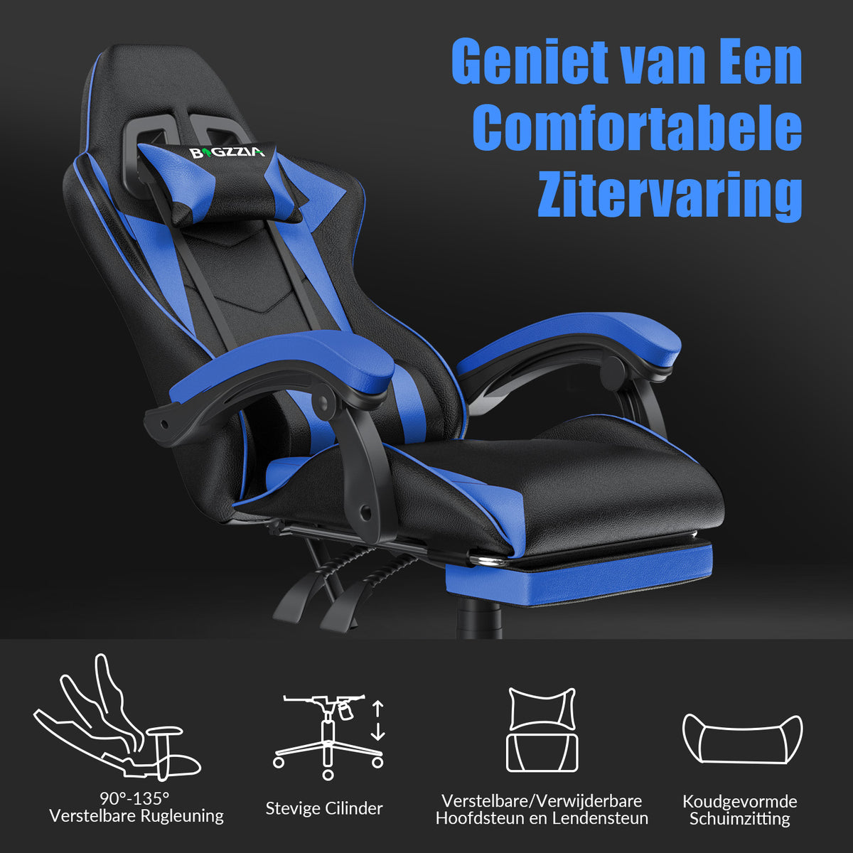 Ergonomische Gaming Stoel 135° Verstelbare Draaistoel met Hoofdsteun, Voetsteun en Lendensteun PU Lederen Bureaustoel