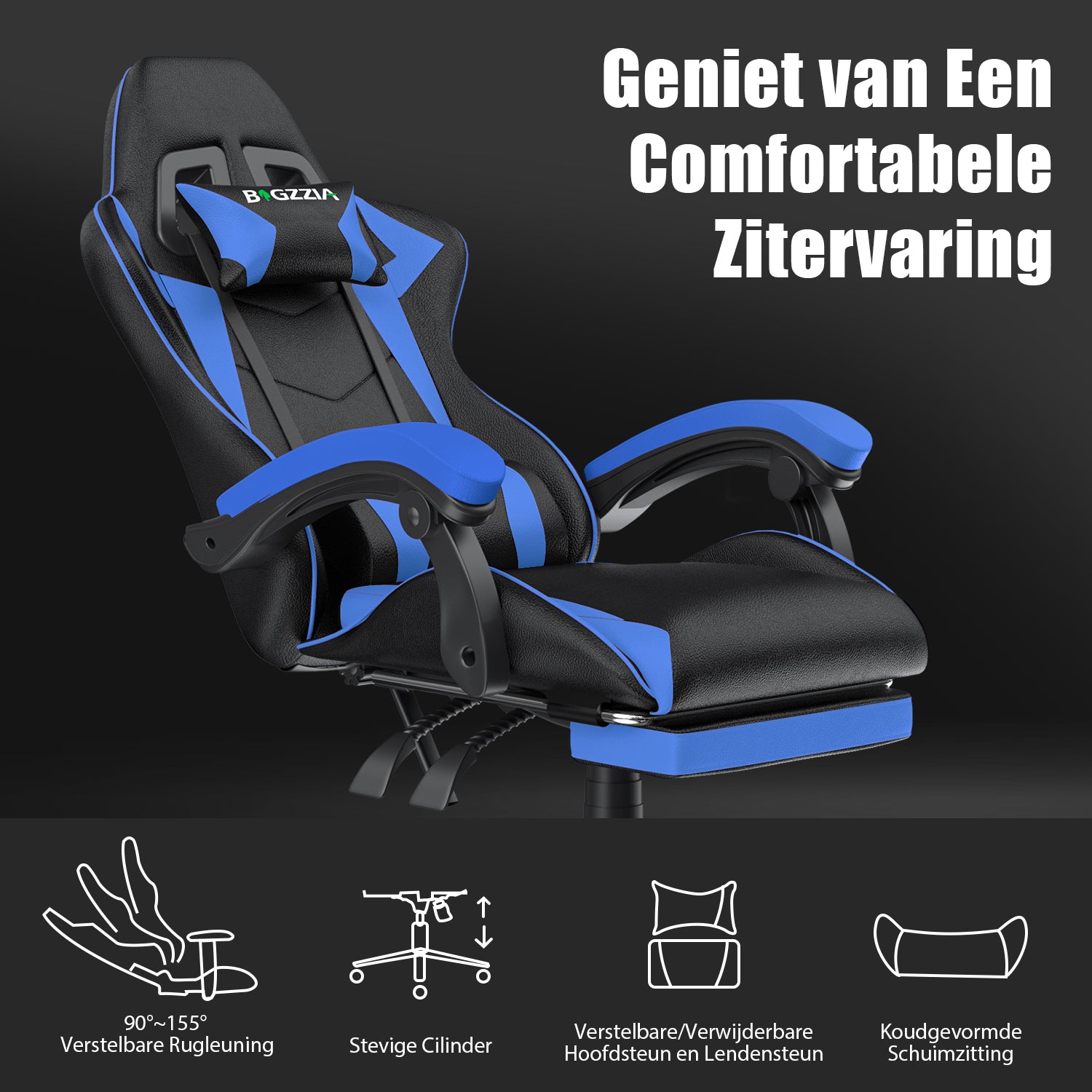 Ergonomische Gamestoel 155° Verstelbare Draaistoel met Hoofdsteun, Lendensteun PU Lederen Bureaustoel