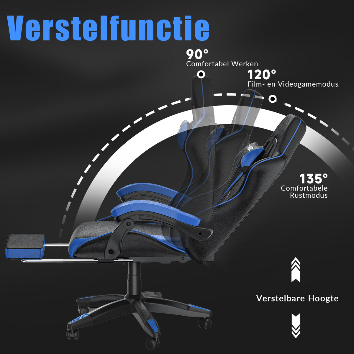 Ergonomische Gaming Stoel 135° Verstelbare Draaistoel met Hoofdsteun, Voetsteun en Lendensteun PU Lederen Bureaustoel
