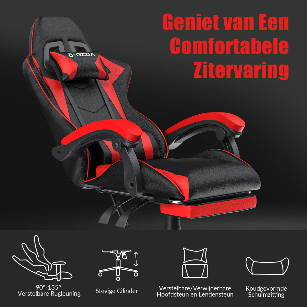 Ergonomische Gaming Stoel 135° Verstelbare Draaistoel met Hoofdsteun, Voetsteun en Lendensteun PU Lederen Bureaustoel