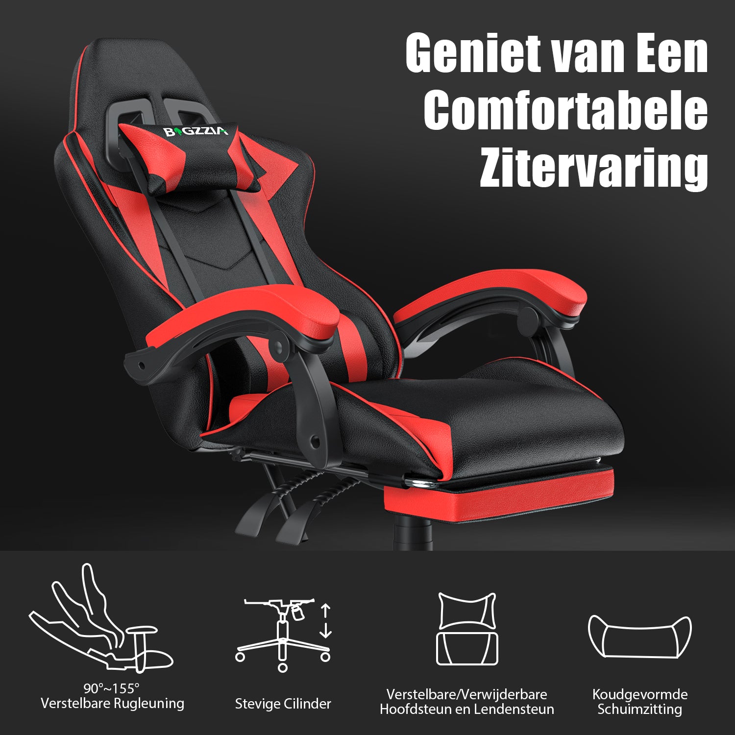 Ergonomische Gamestoel 155° Verstelbare Draaistoel met Hoofdsteun, Lendensteun PU Lederen Bureaustoel