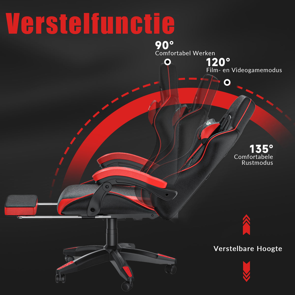 Ergonomische Gaming Stoel 135° Verstelbare Draaistoel met Hoofdsteun, Voetsteun en Lendensteun PU Lederen Bureaustoel