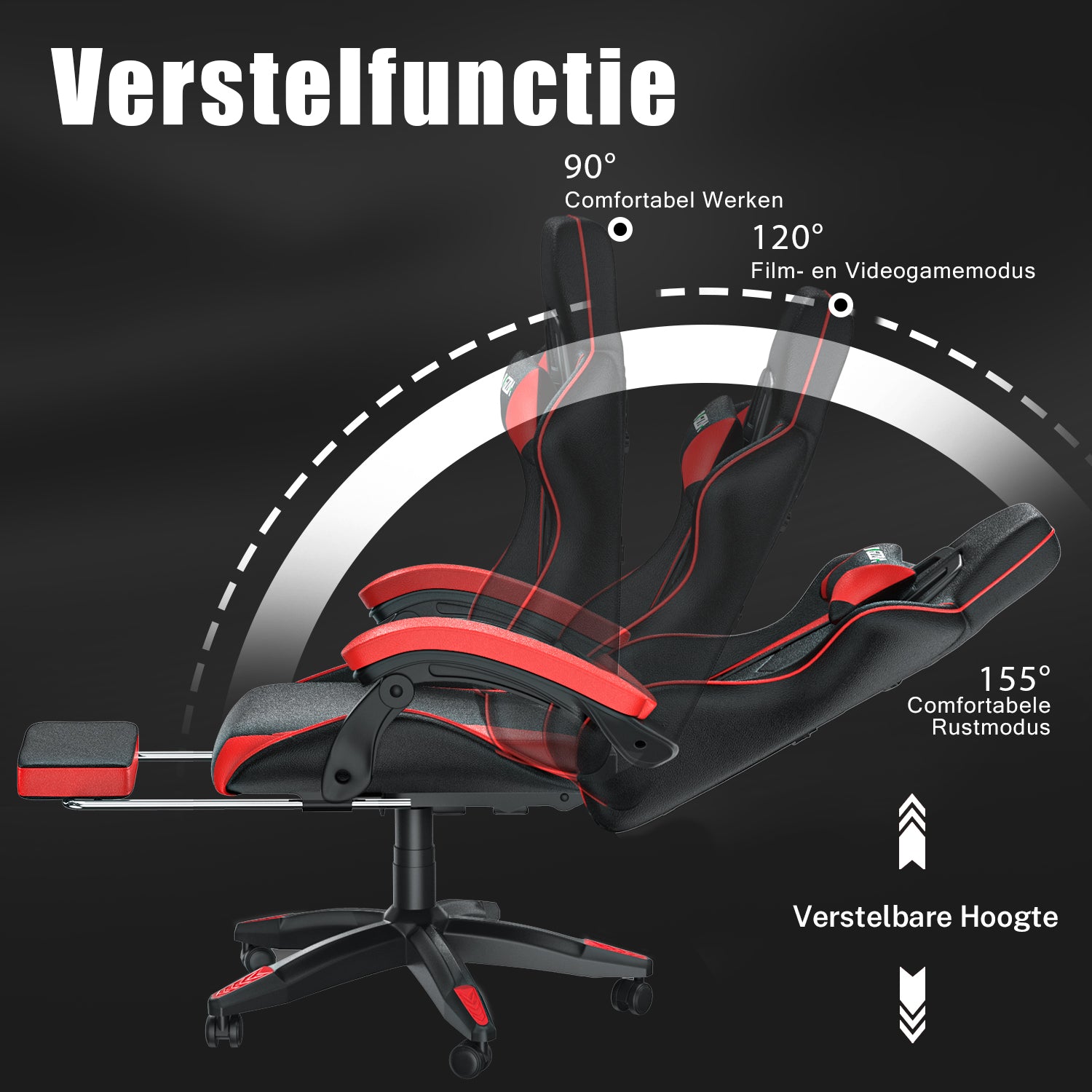 Ergonomische Gamestoel 155° Verstelbare Draaistoel met Hoofdsteun, Lendensteun PU Lederen Bureaustoel