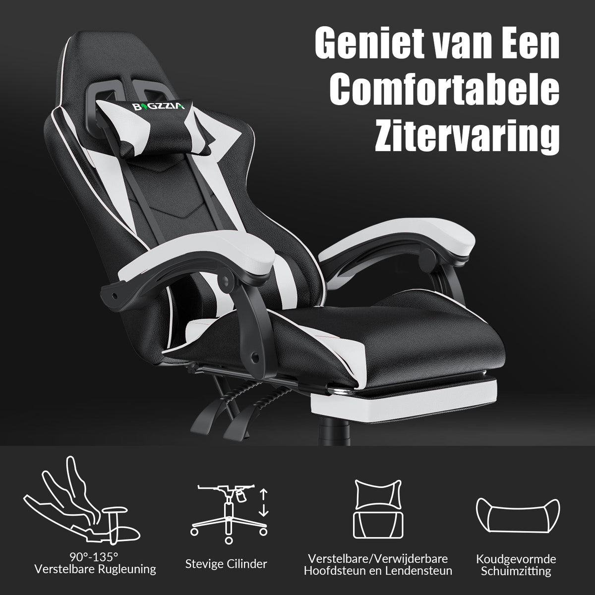 Ergonomische Gaming Stoel 135° Verstelbare Draaistoel met Hoofdsteun, Voetsteun en Lendensteun PU Lederen Bureaustoel
