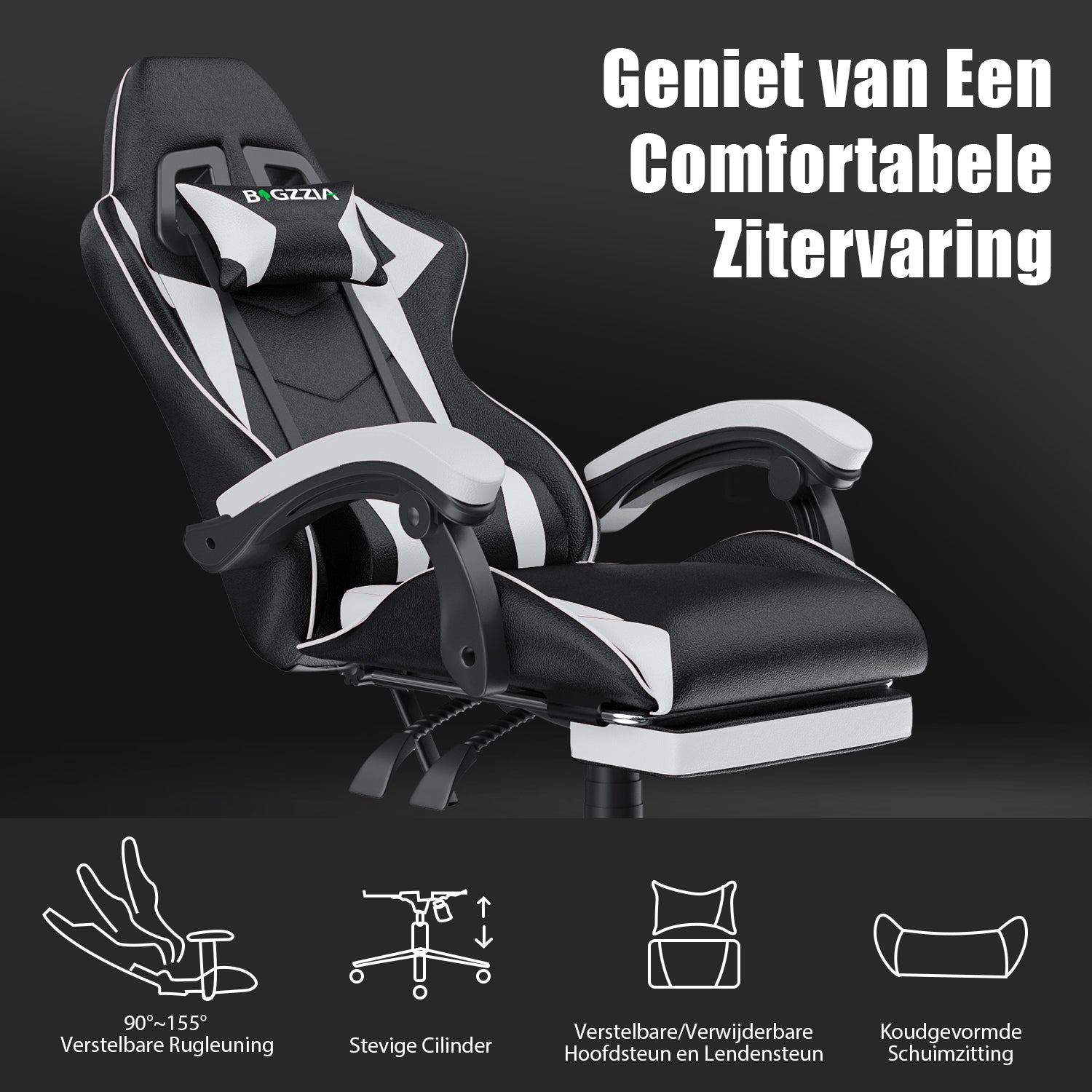Ergonomische Gamestoel 155° Verstelbare Draaistoel met Hoofdsteun, Lendensteun PU Lederen Bureaustoel