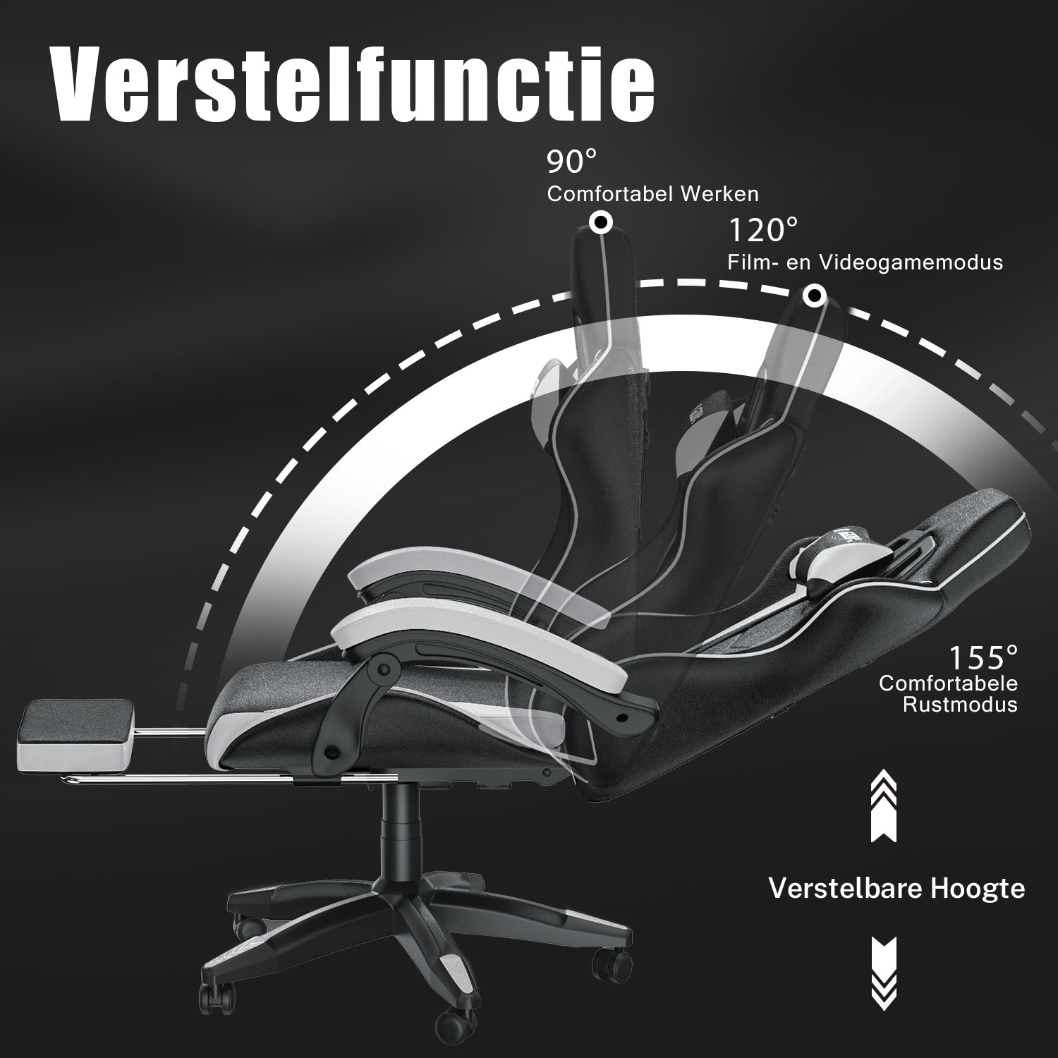 Ergonomische Gamestoel 155° Verstelbare Draaistoel met Hoofdsteun, Lendensteun PU Lederen Bureaustoel