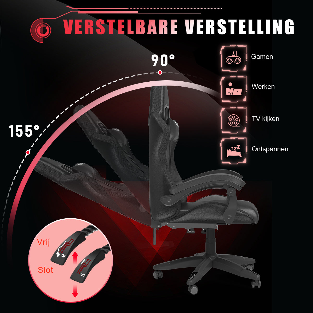 Ergonomische Gamestoel 155° Verstelbare Draaistoel met Hoofdsteun, Lendensteun PU Lederen Bureaustoel
