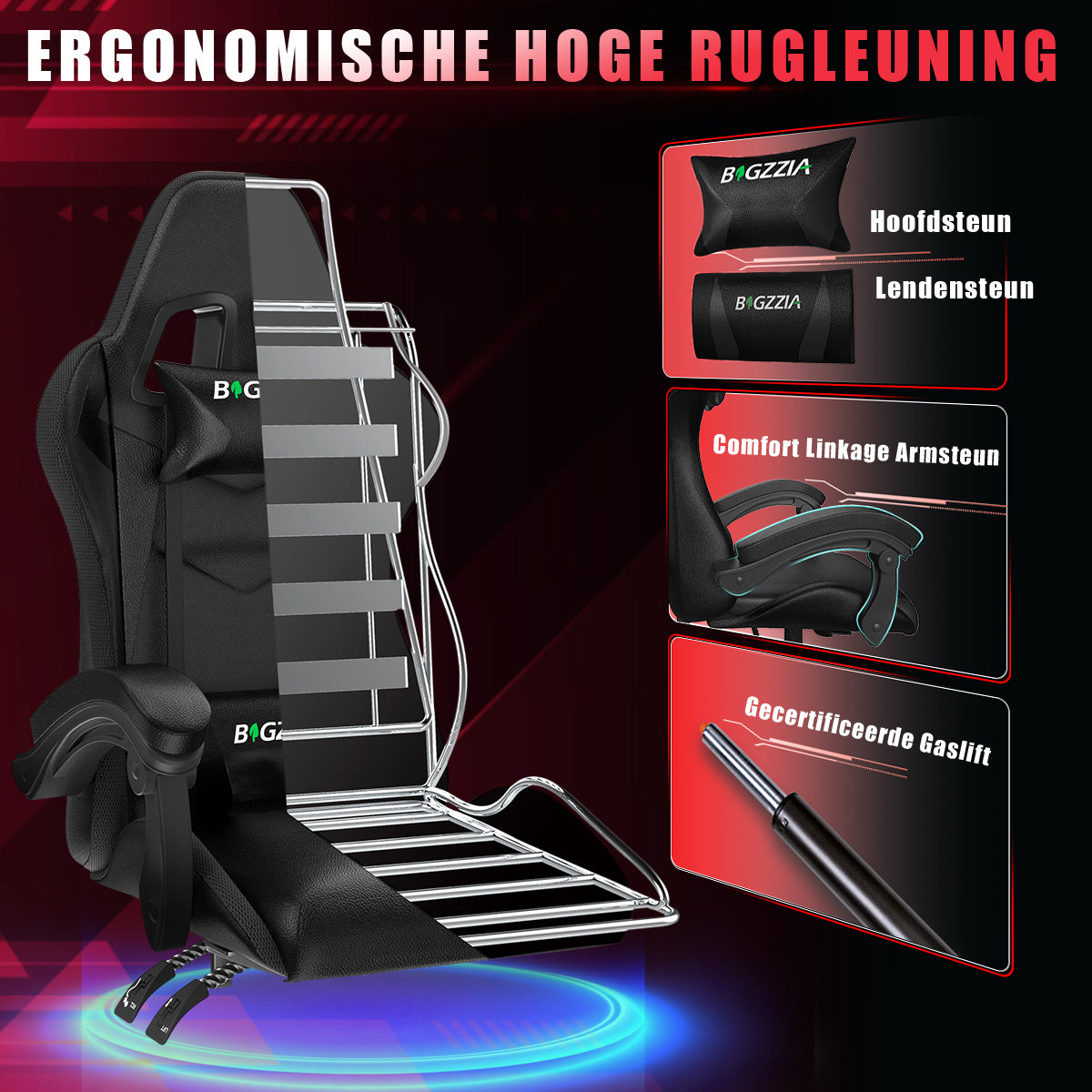Ergonomische Gamestoel 155° Verstelbare Draaistoel met Hoofdsteun, Lendensteun PU Lederen Bureaustoel