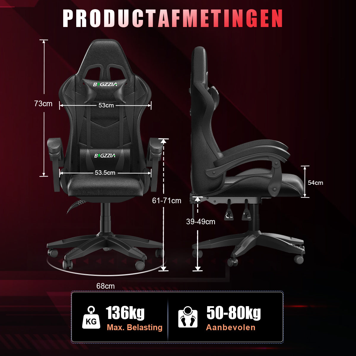 Ergonomische Gamestoel 155° Verstelbare Draaistoel met Hoofdsteun, Lendensteun PU Lederen Bureaustoel