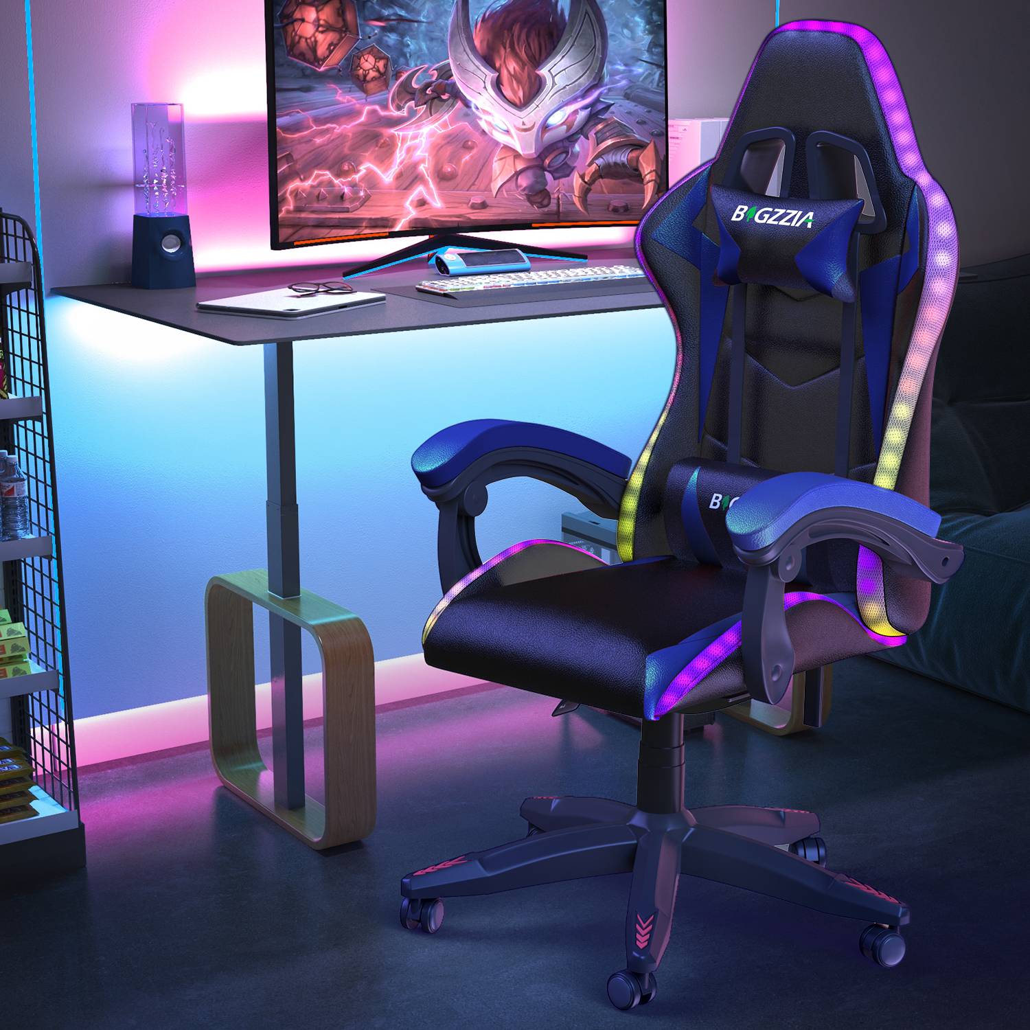 Ergonomische Gaming Stoel met RGB LED-verlichting, Liggend, Hoofdsteun en Lendensteun Race Stijl