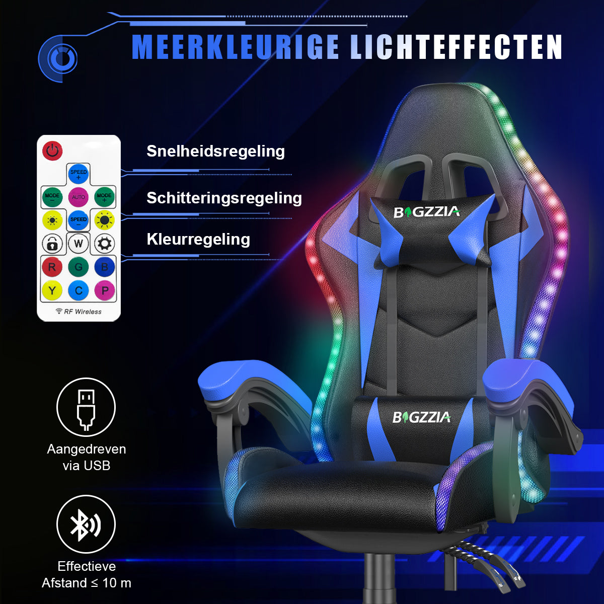 Ergonomische Gaming Stoel met RGB LED-verlichting, Liggend, Hoofdsteun en Lendensteun Race Stijl
