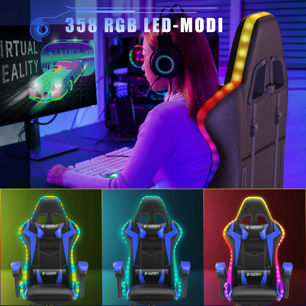 Ergonomische Gaming Stoel met RGB LED-verlichting, Liggend, Hoofdsteun en Lendensteun Race Stijl