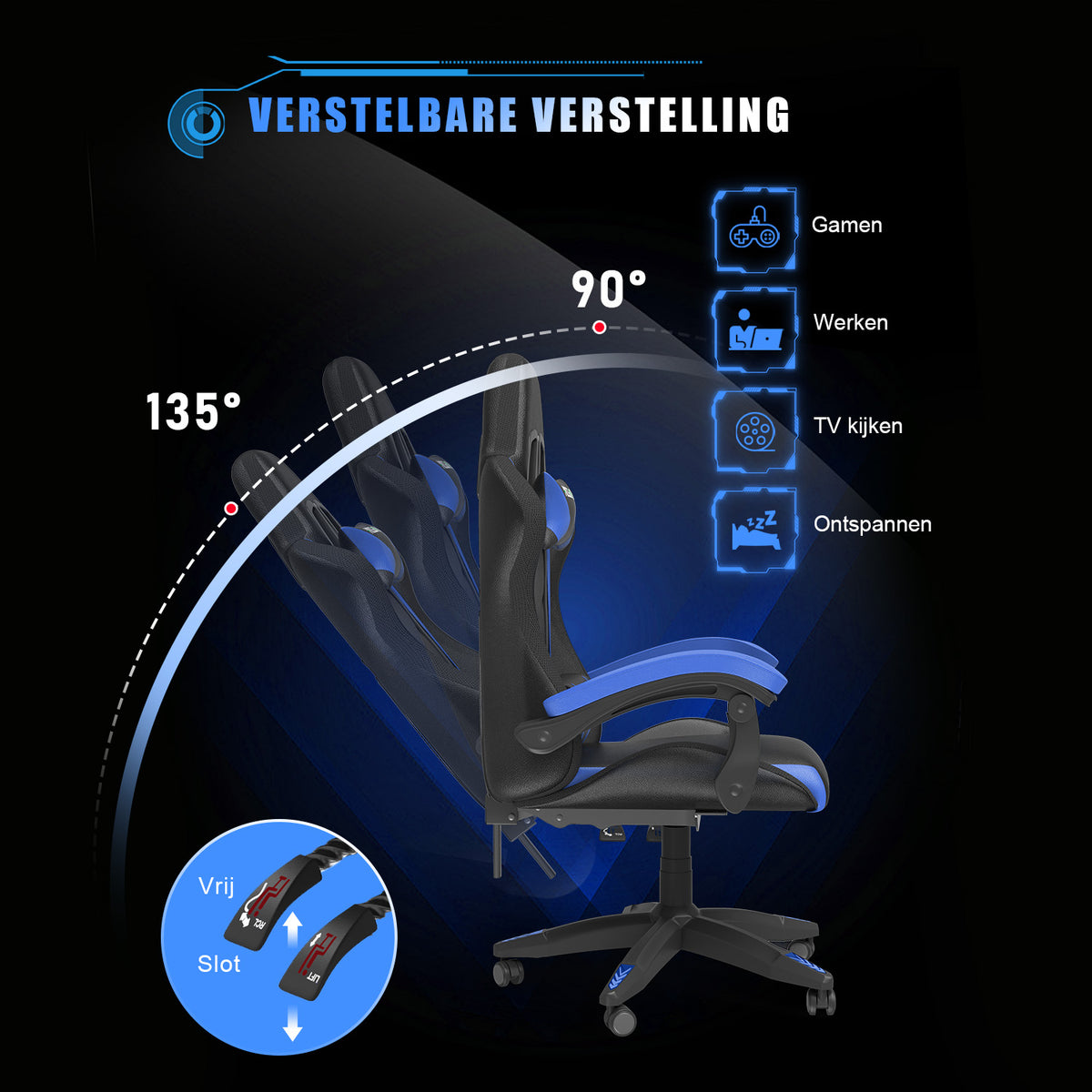 Ergonomische Gaming Stoel met RGB LED-verlichting, Liggend, Hoofdsteun en Lendensteun Race Stijl