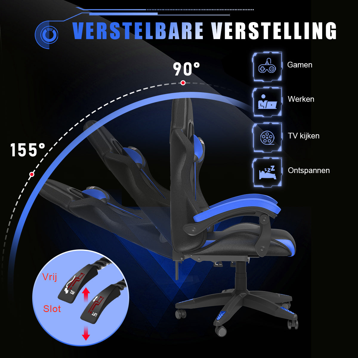 Ergonomische Gaming Stoel met RGB LED-verlichting, Liggend, Hoofdsteun en Lendensteun Race Stijl