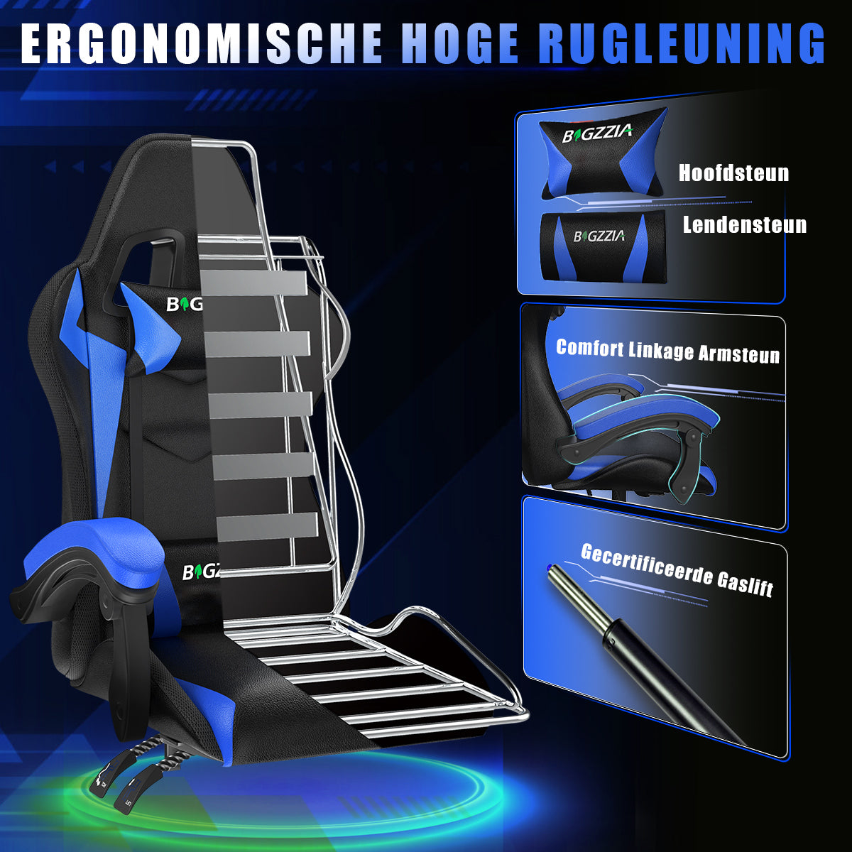 Ergonomische Gaming Stoel met RGB LED-verlichting, Liggend, Hoofdsteun en Lendensteun Race Stijl