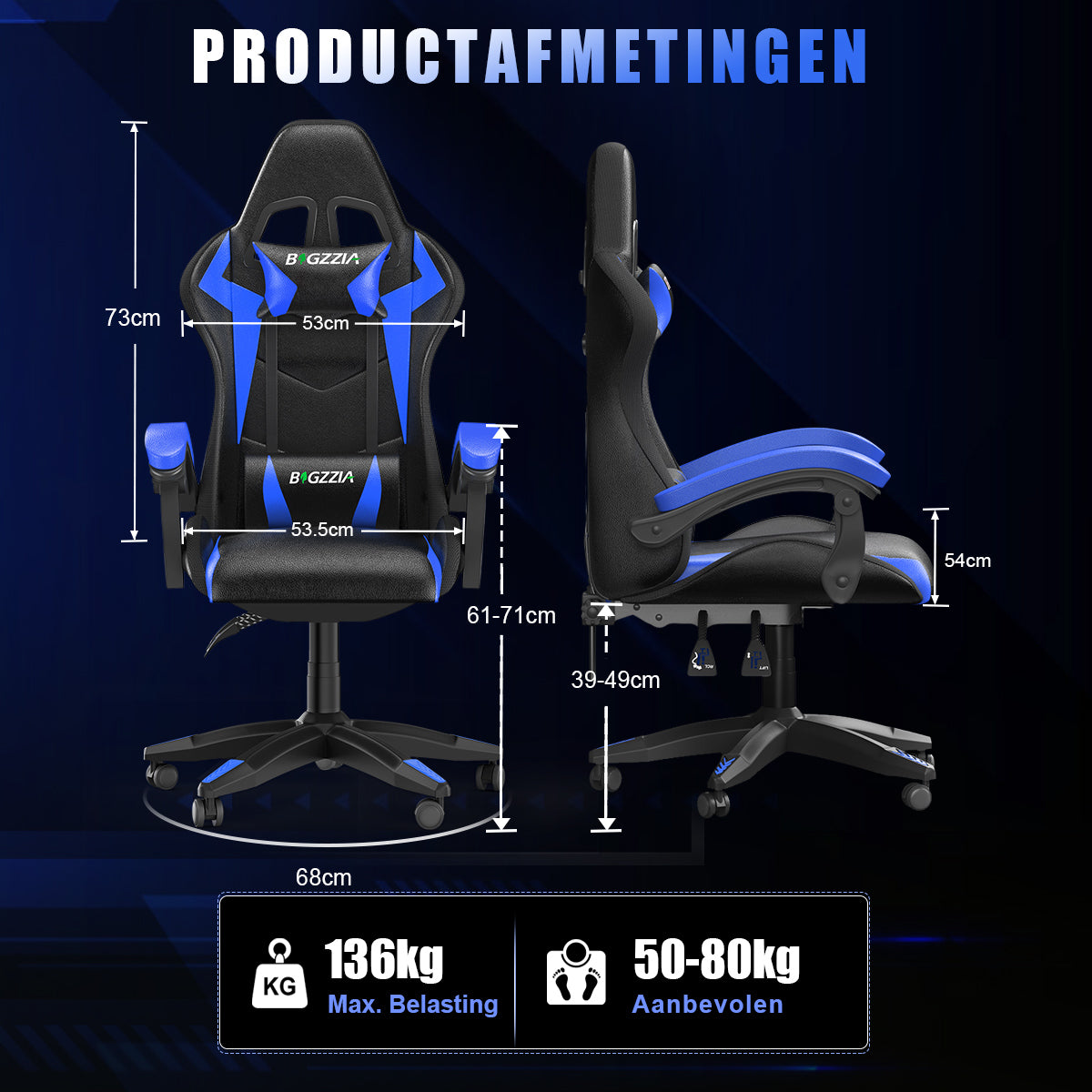 Ergonomische Gaming Stoel met RGB LED-verlichting, Liggend, Hoofdsteun en Lendensteun Race Stijl