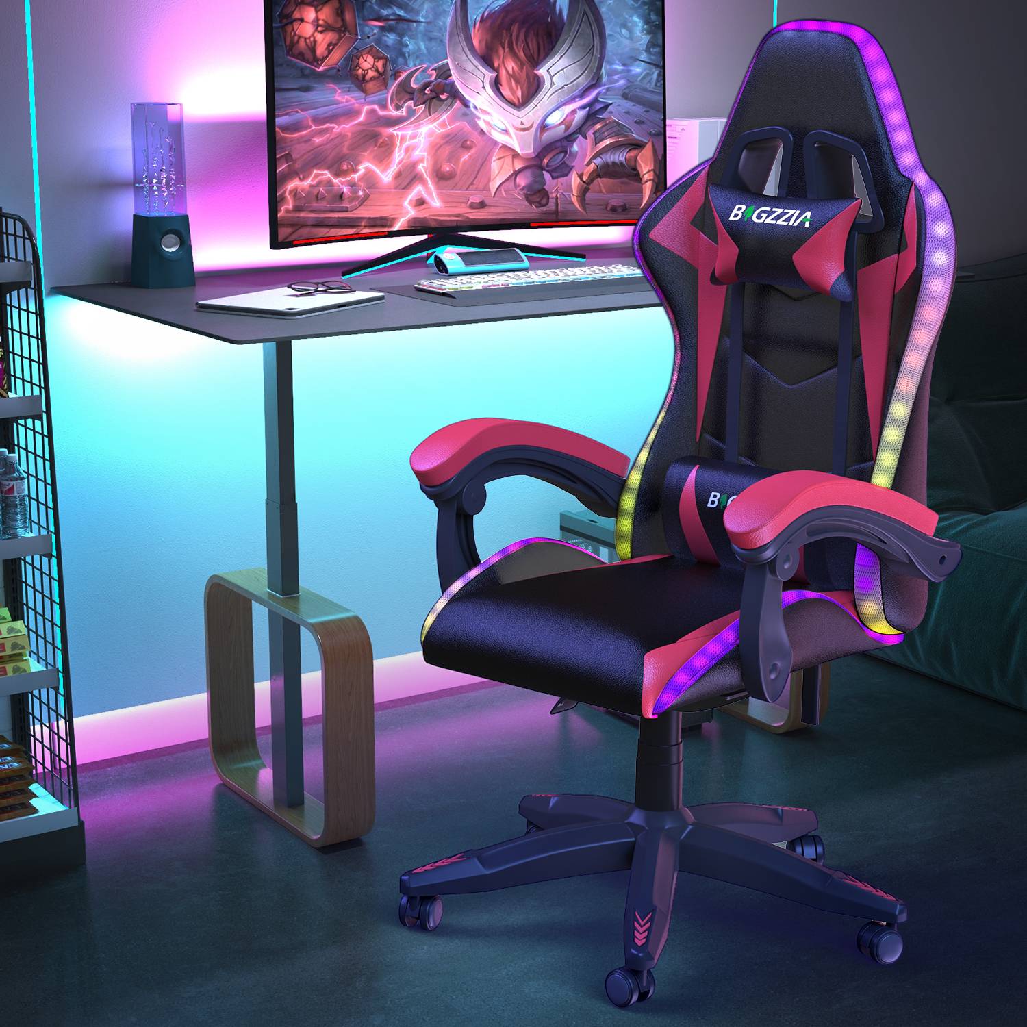 Ergonomische Gaming Stoel met RGB LED-verlichting, Liggend, Hoofdsteun en Lendensteun Race Stijl