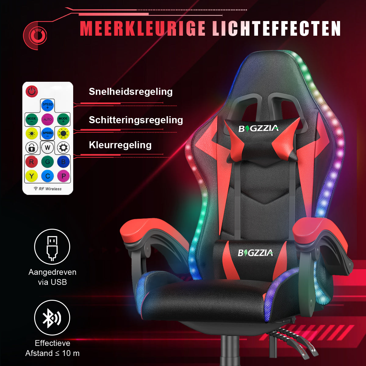 Ergonomische Gaming Stoel met RGB LED-verlichting, Liggend, Hoofdsteun en Lendensteun Race Stijl