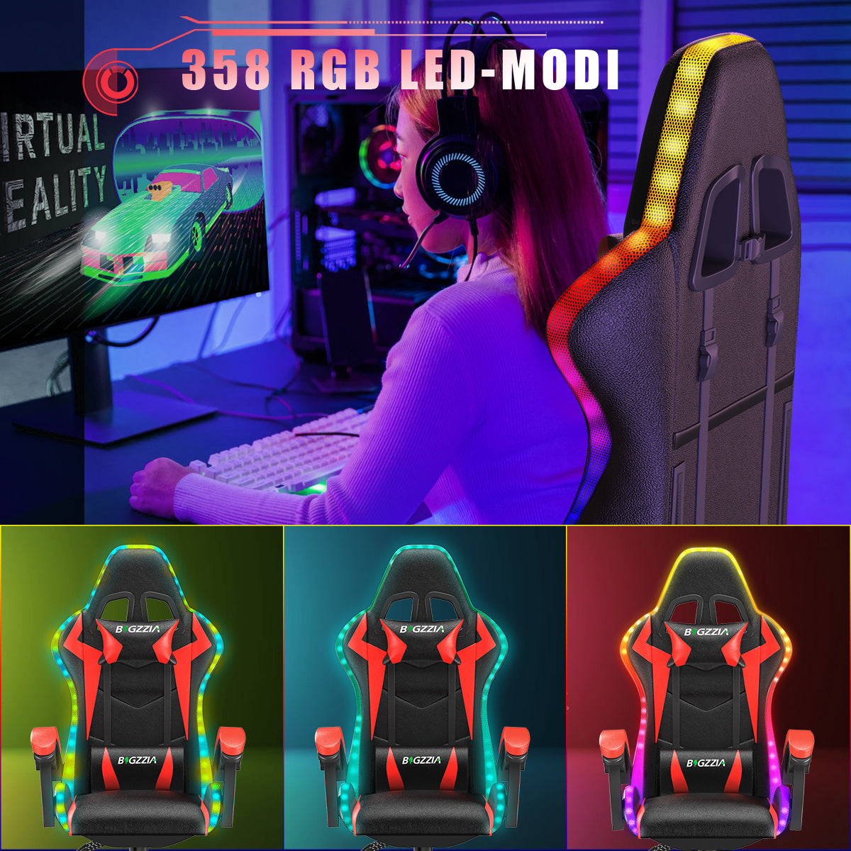 Ergonomische Gaming Stoel met RGB LED-verlichting, Liggend, Hoofdsteun en Lendensteun Race Stijl
