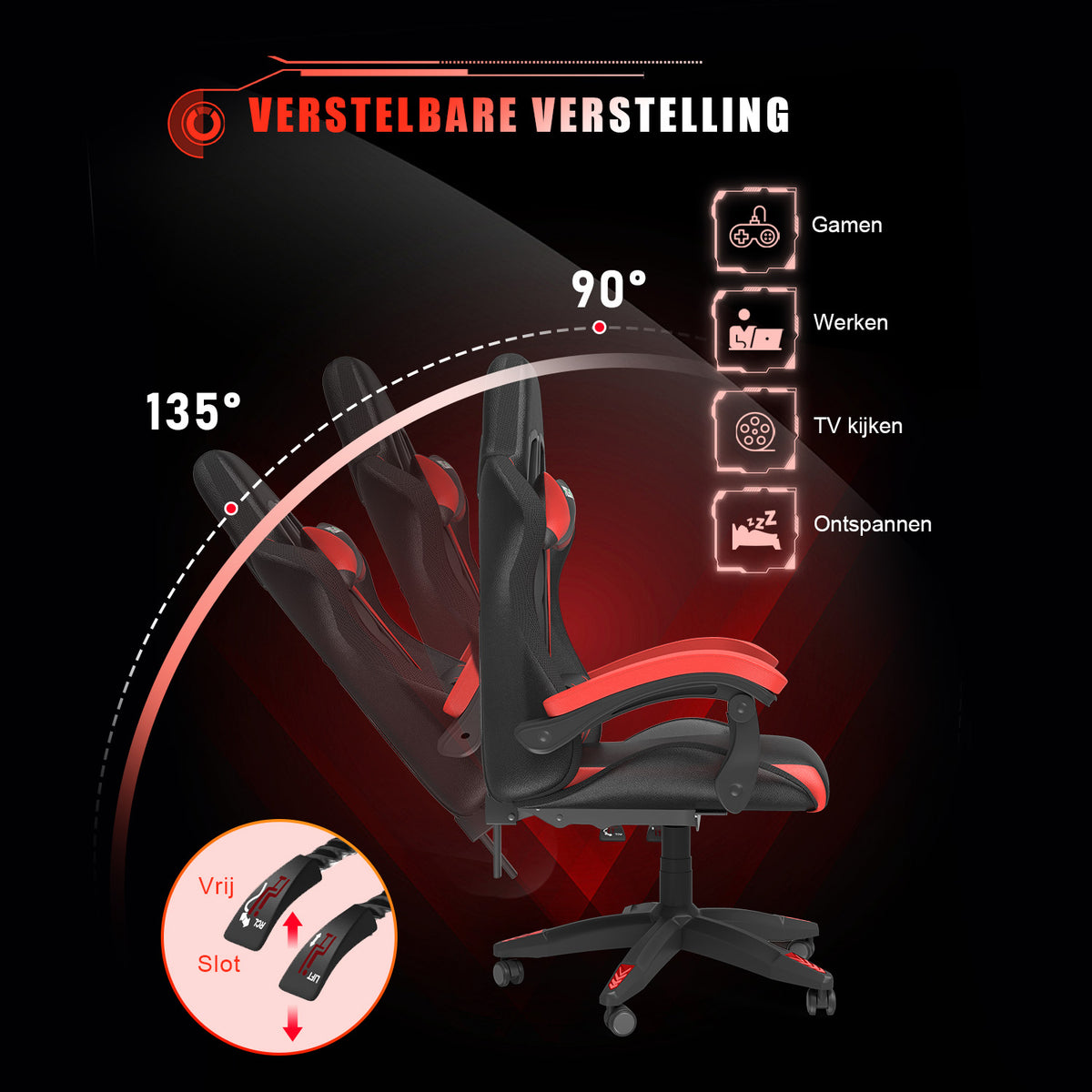 Ergonomische Gaming Stoel met RGB LED-verlichting, Liggend, Hoofdsteun en Lendensteun Race Stijl