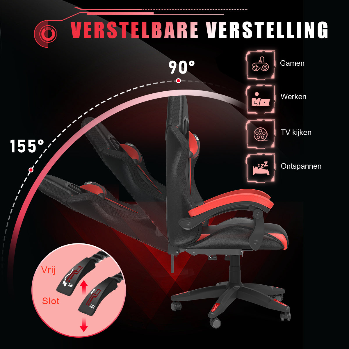 Ergonomische Gaming Stoel met RGB LED-verlichting, Liggend, Hoofdsteun en Lendensteun Race Stijl