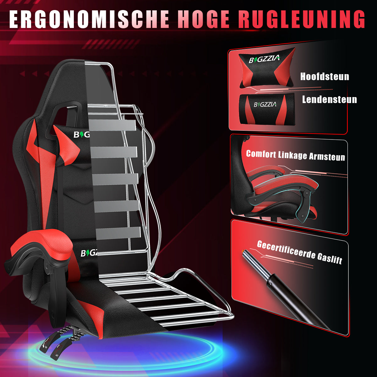 Ergonomische Gaming Stoel met RGB LED-verlichting, Liggend, Hoofdsteun en Lendensteun Race Stijl